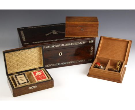 A rosewood and mother of pearl inlaid stationery box, mid 19th century, opening to a baize lined slope and stationery compart