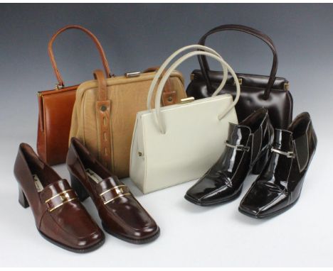 Four vintage handbags, to include a cream patent leather Waldybag example, together with a pair of black patent ankle boots l