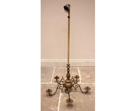 A brass Dutch style long drop chandelier, 20th century, the spherical boss with five scrolled 'S' shaped branches, 106cm H x 