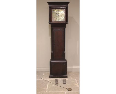 A George III oak cased eight day longcase clock signed Heywood, Northwich, the flat top hood with freestanding fluted pillars