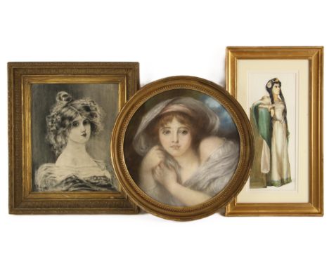 English school (early 20th century),A tondo bust length portrait of a young lady,Pastel on paper,Unsigned,29cm diameter,Frame