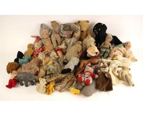 A collection of vintage children's toys, early 20th century and later, to include golden mohair teddy bear with disk jointed 