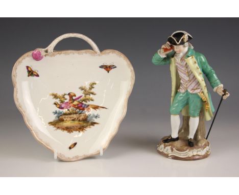 A Meissen figure titled 'The Racegoer', late 19th century, modelled as a gentleman with tri-corn hat, turquoise overcoat and 