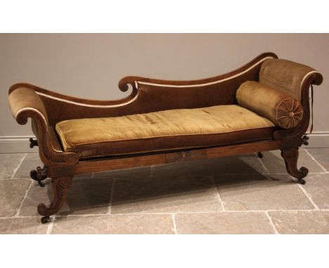 A Regency Empire simulated rosewood framed, twin scroll end sofa, the scrolled frame inset with brass roundels and moulded ga