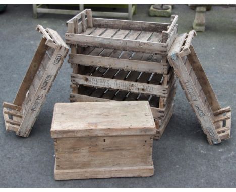 Seven slatted potato seed trays, stamped 'Turneys, Quinton Green', dated from 1951 to 1964, 17cm H x 76cm W x 46cm D (some wo
