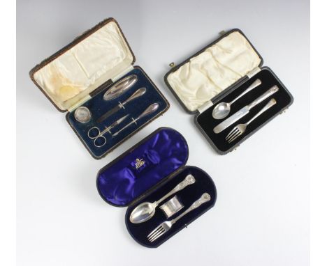 A Victorian silver Kings pattern cased christening set, John Aldwinckle and Thomas Slater, London 1886, comprising napkin rin