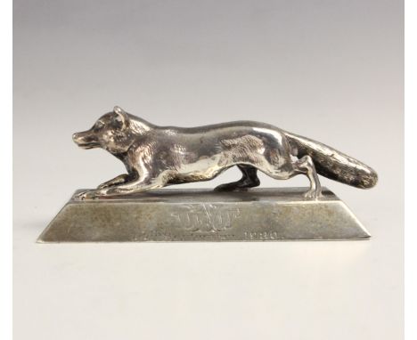 A George V silver model of a fox, William Hutton &amp; Sons Ltd, Sheffield 1920, with chased detail upon plinth base engraved