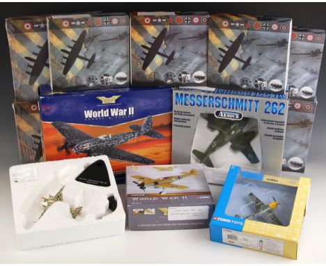 A collection of fourteen die-cast model aircraft depicting World War II German and axis powers fighters and bombers at variou