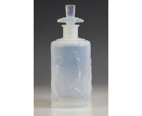 A Sabino of Paris opalescent moulded glass scent bottle and stopper, the cylindrical opalescent glass body relief moulded wit