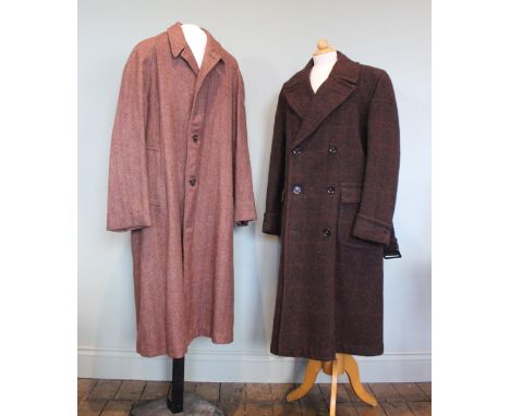 A late 1940s brown checked wool double breasted man’s overcoat, with belt, CC41 label under right arm, 38’’ chest (92cm), 47’