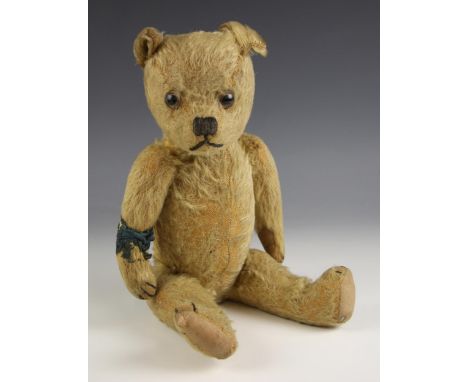 A golden mohair teddy bear, early 20th century, the wood wool filled body with functional growler and card jointed neck, arms