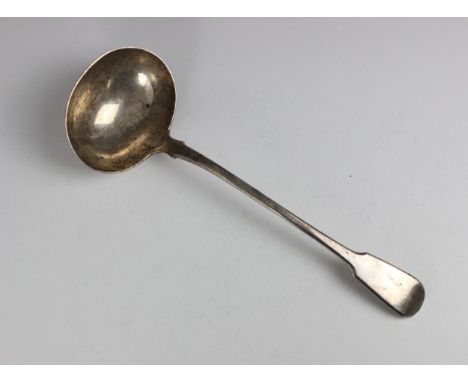 A George IV silver fiddle pattern soup ladle, possibly Robert Peppin, London 1822, of plain polished typical form, 33cm long,