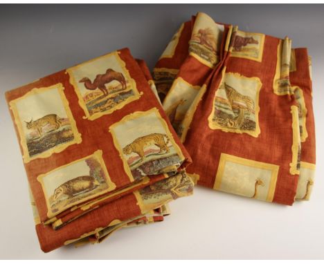 A pair of interlined curtains, each with reserves of animals, to a rust orange ground, 170cm H x 125cm W (2) 