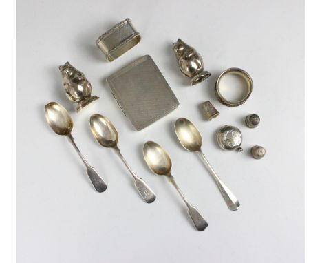 A selection of silver and white metal items, including a George V silver card case, Colen Hewer Cheshire, Chester 1911, the e