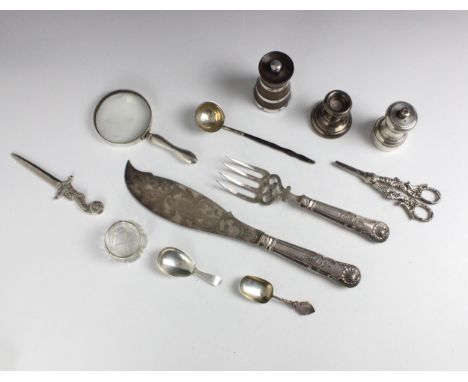 A selection of silver and silver plated items, including a silver mounted dwarf candlestick, A T Cannon Ltd, Birmingham 1972,