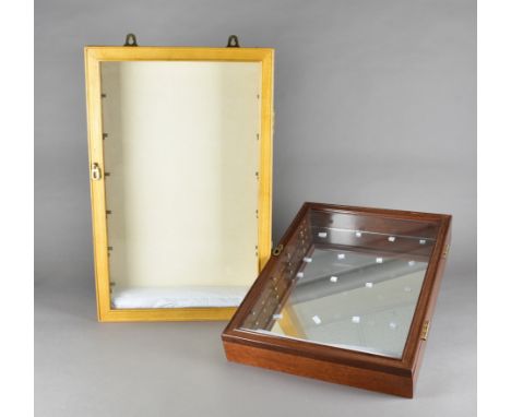 A pair of light wood wall mounted display cabinets, 51 cm x 38 cm together with a pair of blonde wood wall mounted display ca