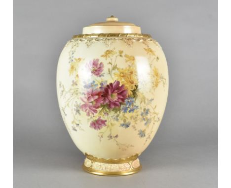 A Royal Worcester blush ivory pot pourri, the ovoid body with floral spray heightened in gilt with moulded stylised leaf and 