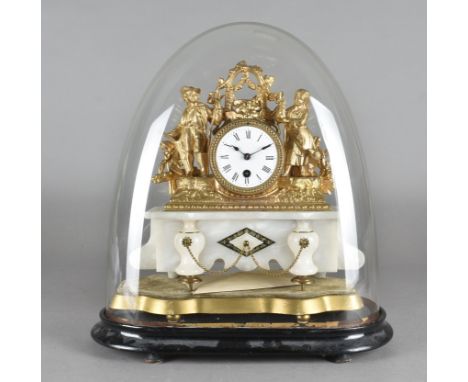 A 19th Century gilt spelter and alabaster mantle clock, under a glass dome on a wooden plinth base, the clock surround with d