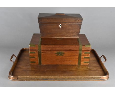 A mahogany brass bound writing slope, with leather fitted interior, 40 cm x 14 cm high x 24 cm deep, together with a 19th Cen