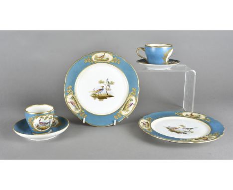 A 19th Century Sevres style porcelain part tea service, having painted central decoration of Asiatic pheasants surrounded by 