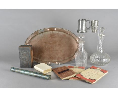 A quantity of sundries, including three cut glass decanters, Chinese style art deco mirror, a collection of Bartholomews and 