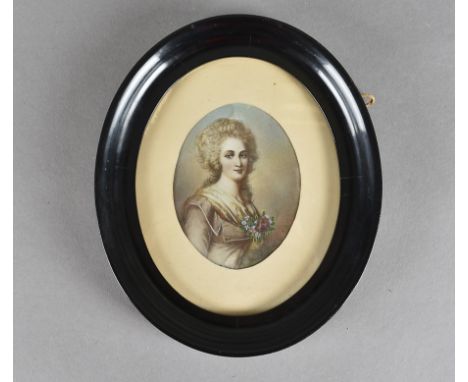 A mid 19th Century French portrait miniature, signed Bonet, of young woman with blue eyes and floral bouquet, framed, 8 cm x 