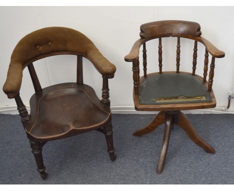 A Victorian mahogany seat and stained beech curved office chair, with cushion tub back on turned supports and brass and ceram