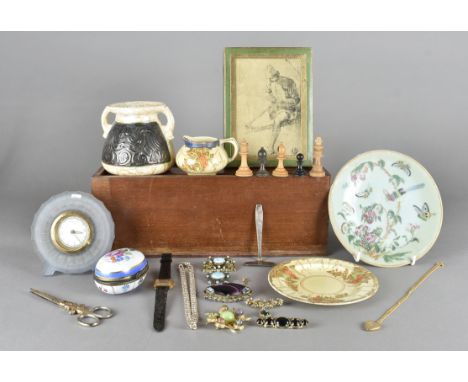 A Chinese celadon polychrome plate, a Sevres styles egg trinket box, an art deco frosted glass dressing table clock, a small 