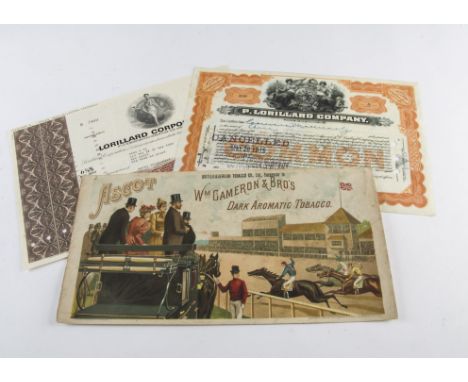 Foreign Cigarette Ephemera, Two Lorillard Old Bond Certificates together with a BAT Cameron & Bros Ascot Horse Racing Poster 