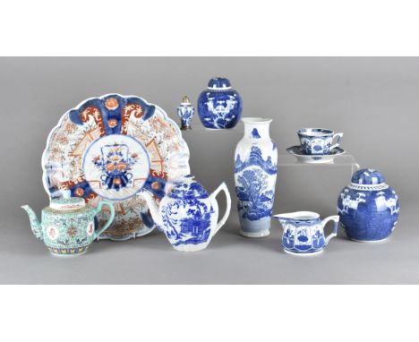 A quantity of blue and white ware, including three Chinese ginger jars and covers, a part Chinese tea service, modern blue an