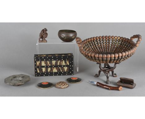 A beadwork bowl, a quill box and other items 