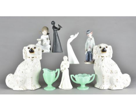 A pair of 19th Century Staffordshire spaniels, with glass eyes heightened in gilt, 29 cm high together with a collection of v