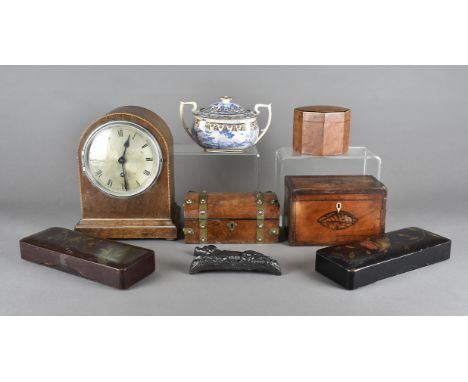 A collection of sundries, to include a tea caddy, a twin handled tray with later coloured print, a Mappin and Webb silver hai