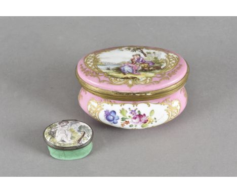 An 18th Century continental porcelain oval box with hinged lid, decorated with a couple within a landscape, against a pink gr