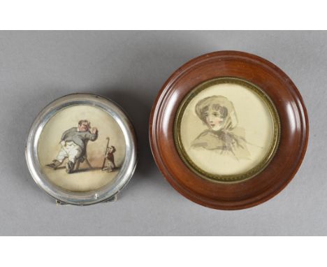 English School, mid 19th Century, watercolour, comical scene of a large seated gentleman with fist raised at a monkey holding