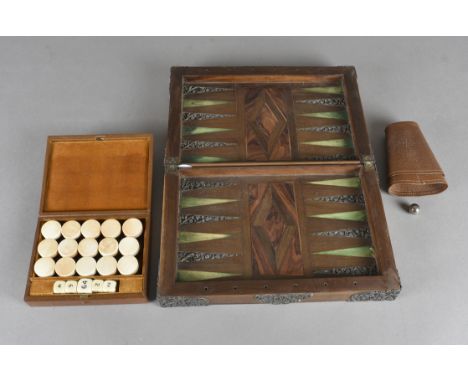 A hardwood, white metal and stained bone folding backgammon and chess board, with leather fold out case containing counters, 