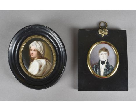 A late 18th/early 19th Century portrait miniature, of a young man marked verso John Bowie, 6.5 cm x 5 cm together with a Berl