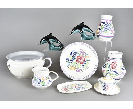 A quantity of Poole Pottery, all hand painted floral design, including vases, plates, bowls, a Carter Stabler Adams terracott