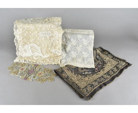 A quantity of textiles, including a Chinese embroidered rank badge, art nouveau silk embroidered floral and lace under skirt,