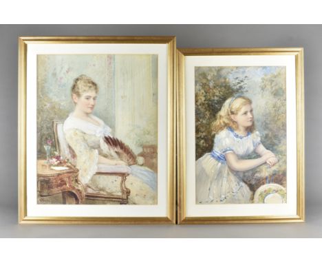 H Whatley, watercolour, young girl in blue and white summer dress, 46 cm x 30 cm together with another portrait of a woman se