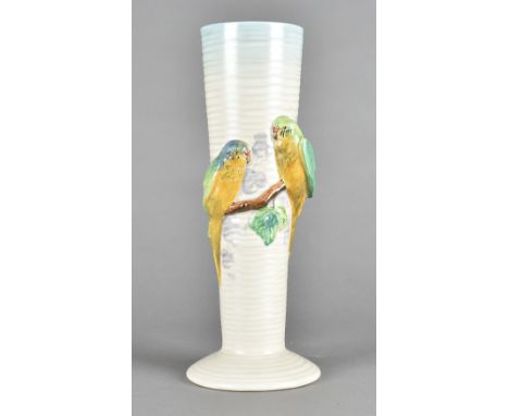 A Clarice Cliff Newport pottery tapering vase, with budgies, 32 cm highOverall in good-very good condition. Several light scr