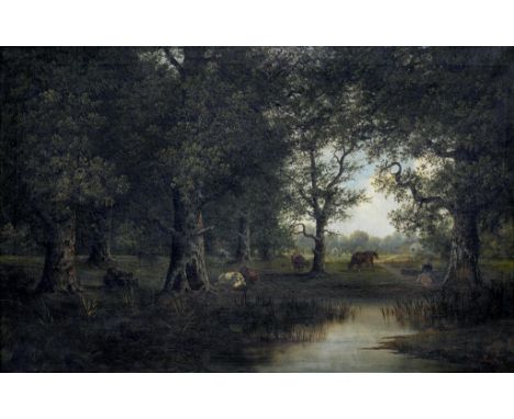GERMAN (?) SCHOOL, 19TH C - A HORSE AND CATTLE GRAZING BY A WOODED POOL, INDISTINCTLY SIGNED M KAUF...R, OIL ON CANVAS, 67 X 