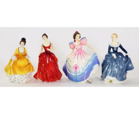 FOUR ROYAL DOULTON BONE CHINA FIGURES OF YOUNG LADIES, 21CM H AND C, PRINTED MARK