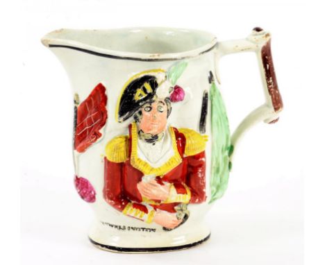 A STAFFORDSHIRE EARTHENWARE JUG MOULDED IN HIGH RELIEF WITH PORTRAIT OF ARTHUR WELLINGTON AND GENERAL HILL WITH FLAGS, PEARLI