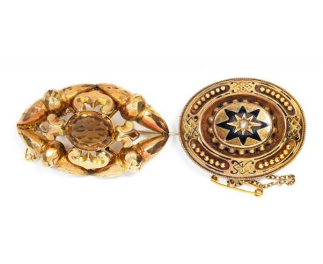 A VICTORIAN GOLD AND ENAMEL MOURNING BROOCH, LOCKET BACK AND A VICTORIAN CITRINE BROOCH