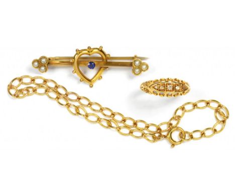 A DIAMOND RING, IN 18CT GOLD, CHESTER 1911, 2.2G GROSS, A SAPPHIRE AND SPLIT PEARL SET GOLD HEART AND BAR BROOCH MARKED 9C AN