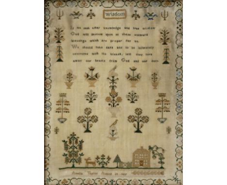 A LINEN SAMPLER WORKED BY AMELIA TAYLOR AUGUST 23 1827, 41 X 30.5CM