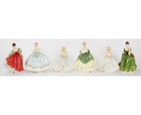 SIX ROYAL DOULTON BONE CHINA FIGURES OF YOUNG LADIES, 19CM H AND SMALLER PRINTED MARKS