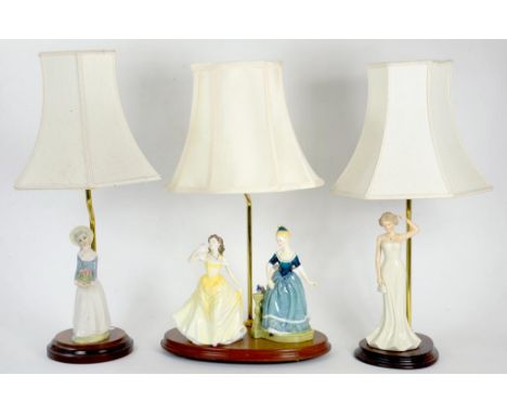 TWO ROYAL DOULTON BONE CHINA FIGURES OF YOUNG LADIES MOUNTED ON WOOD BASES AS TABLE LAMP AND TWO OTHER PORCELAIN FIGURAL MOUN