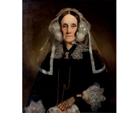 ENGLISH SCHOOL, 19TH C - PORTRAIT OF A LADY, SEATED HALF LENGTH IN A BLACK DRESS WITH LACE BONNET, COLLAR AND CUFFS, OIL ON C